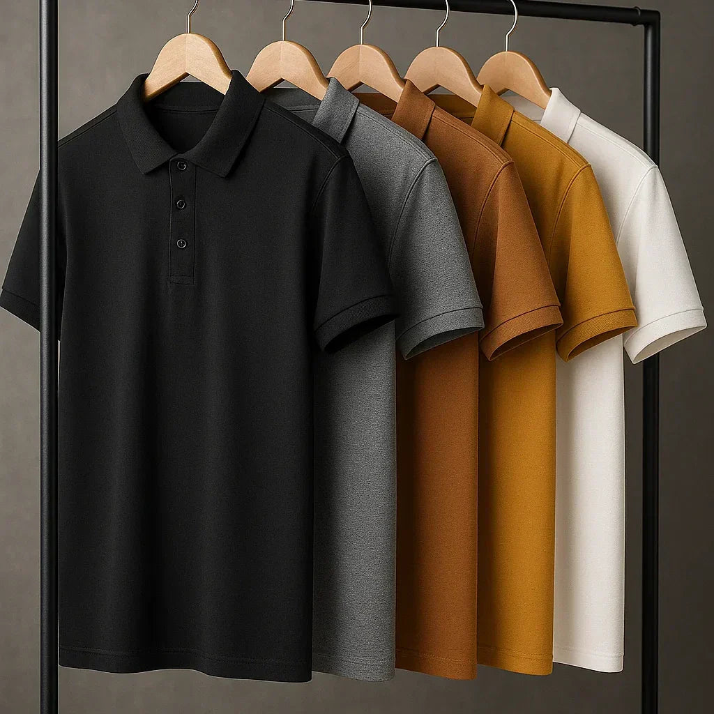 [Leva 5, Paga Só 3!] Camisa Polo Masculina Polirax em Seda Gelo, Poliéster e Spandex + 3 Bermudas e 1 Relógio GRÁTIS