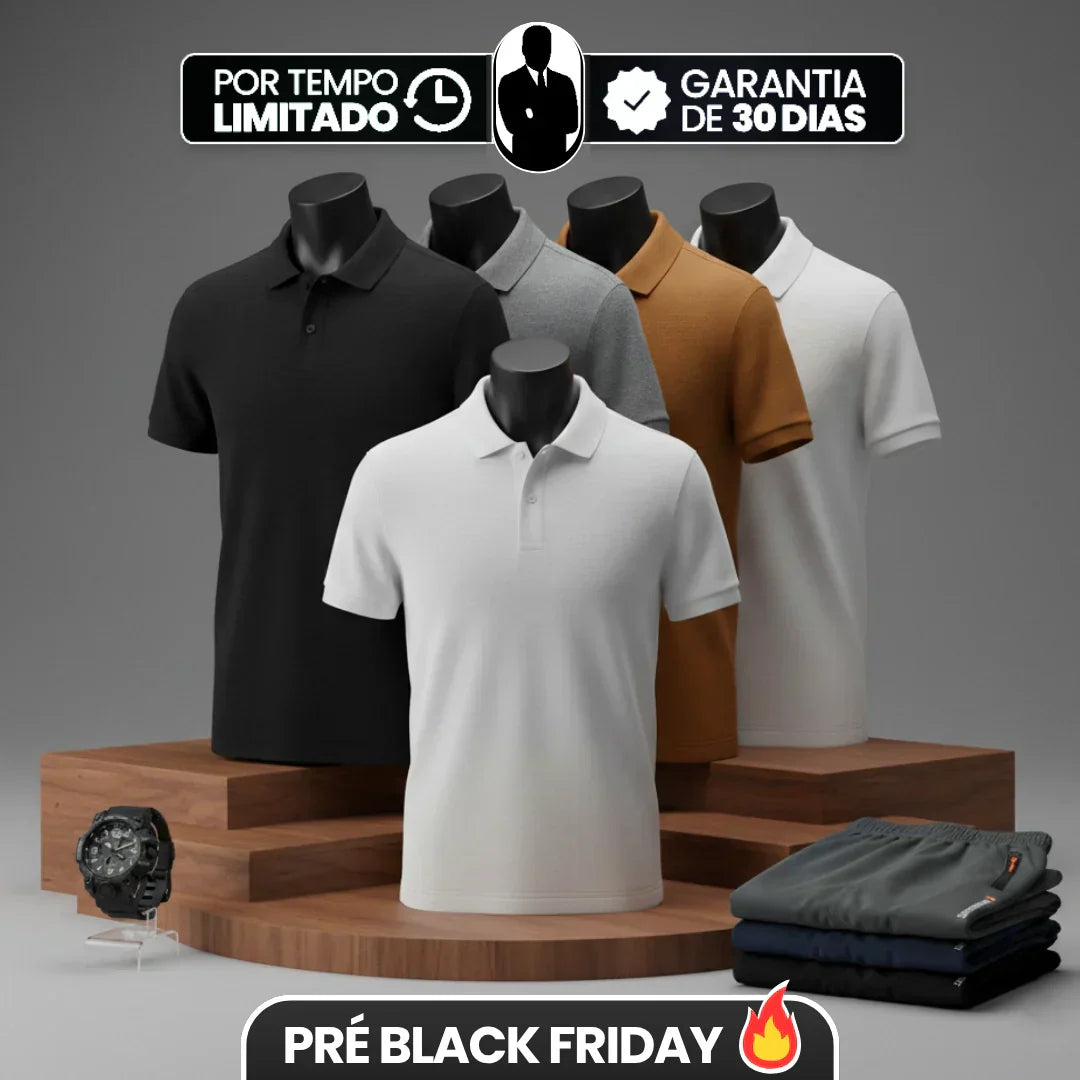 [Leva 5, Paga Só 3!] Camisa Polo Masculina Polirax em Seda Gelo, Poliéster e Spandex + 3 Bermudas e 1 Relógio GRÁTIS