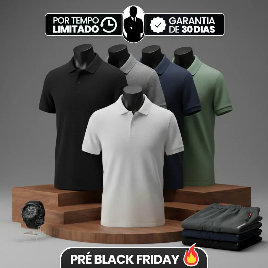 [Leva 5, Paga Só 3!] Camisa Polo Masculina Polirax em Seda Gelo, Poliéster e Spandex + 3 Bermudas e 1 Relógio GRÁTIS
